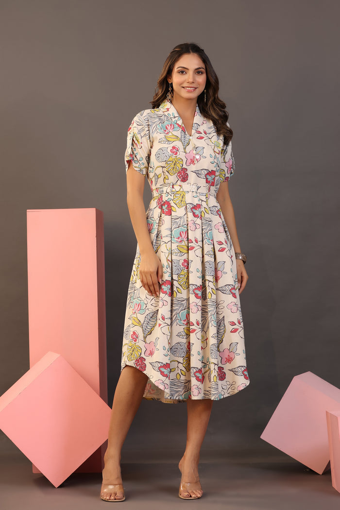 Botanical Garden on Off white MIDI Cotton Flex Dress