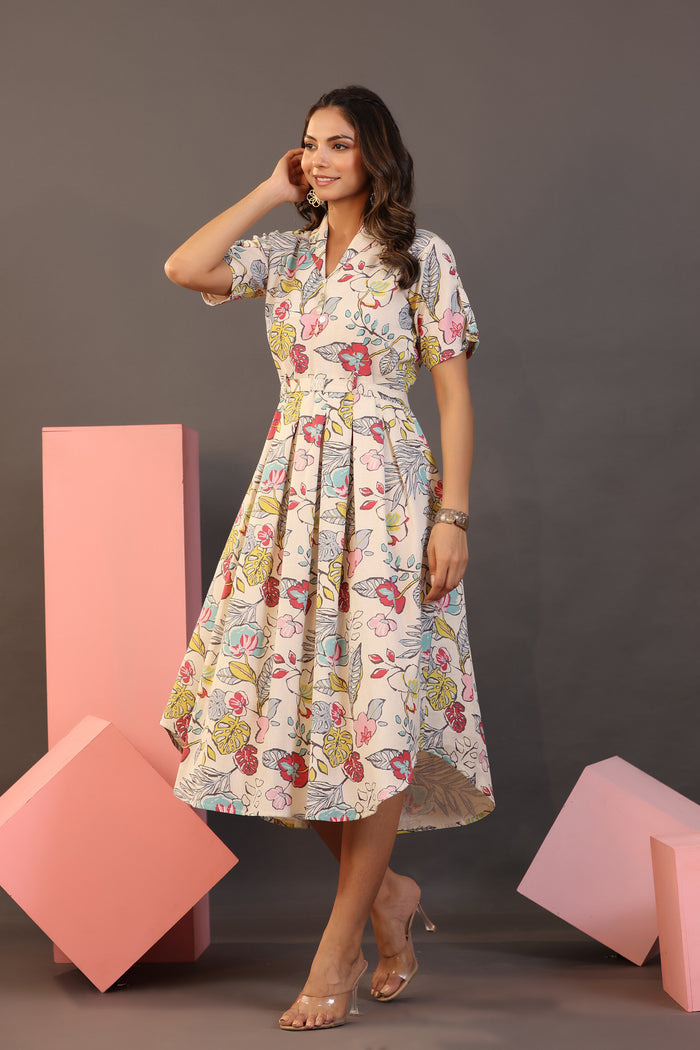 Botanical Garden on Off white MIDI Cotton Flex Dress