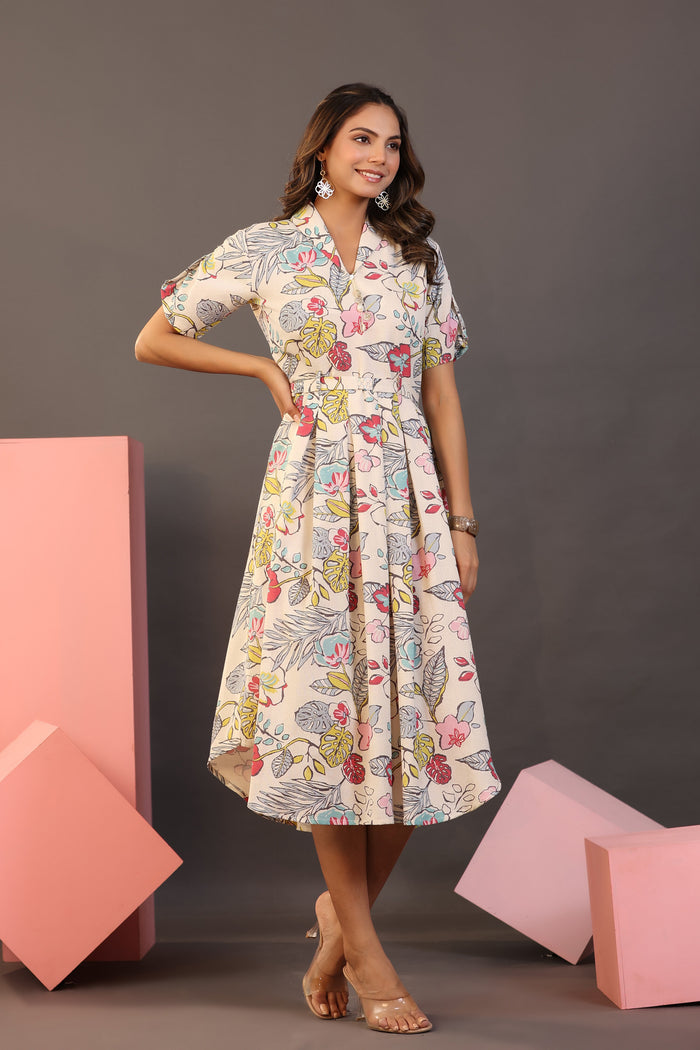 Botanical Garden on Off white MIDI Cotton Flex Dress