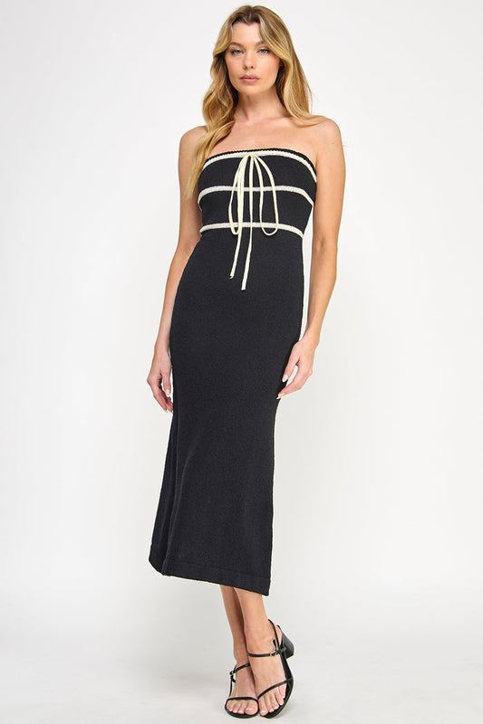 Boucle Knit Front Tie Ribbon Bodycon Tube Dress