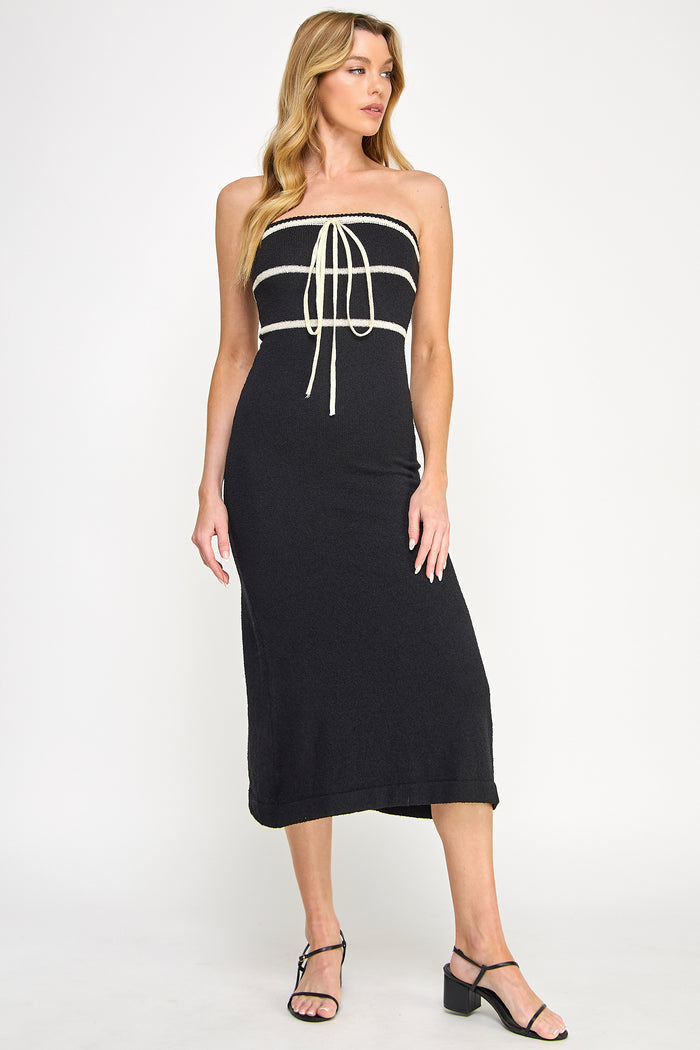 Boucle Knit Front Tie Ribbon Bodycon Tube Dress