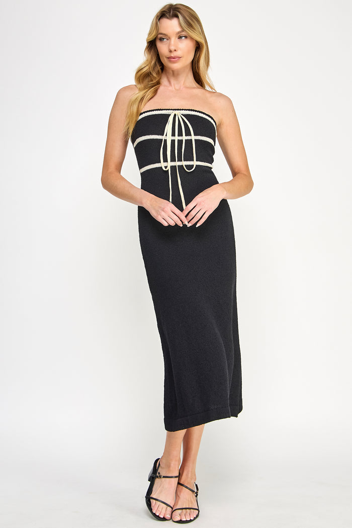 Boucle Knit Front Tie Ribbon Bodycon Tube Dress