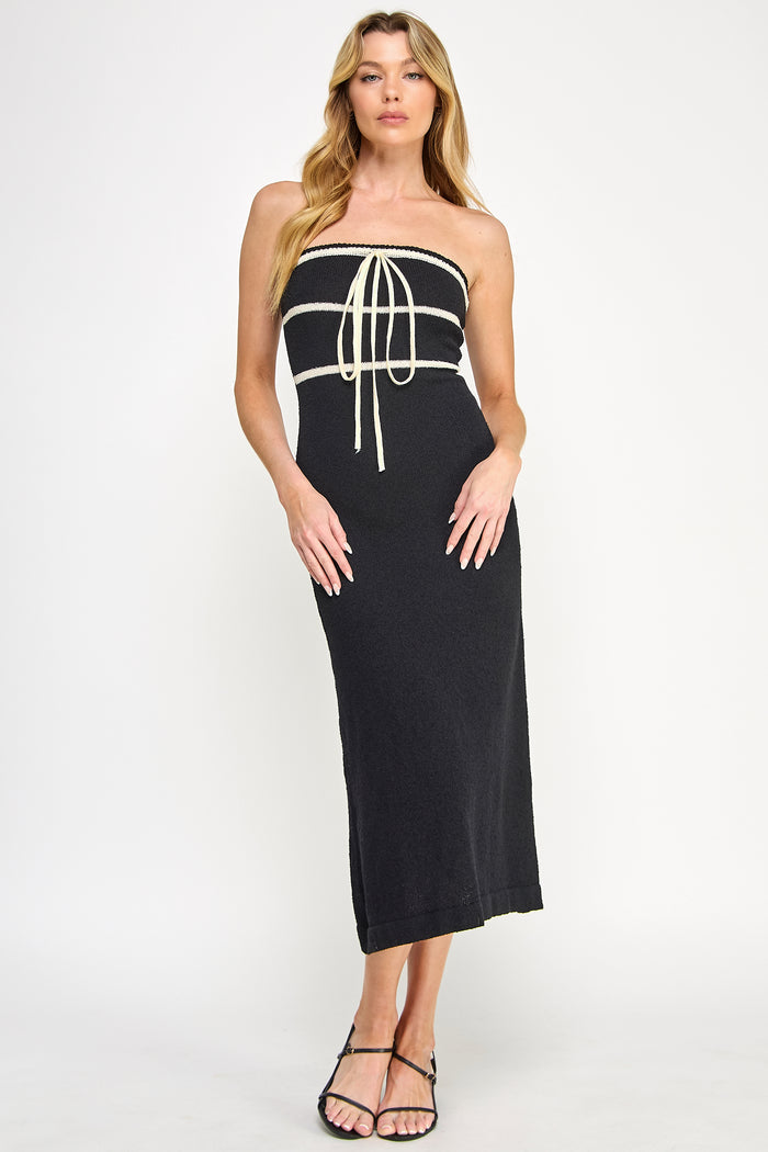 Boucle Knit Front Tie Ribbon Bodycon Tube Dress