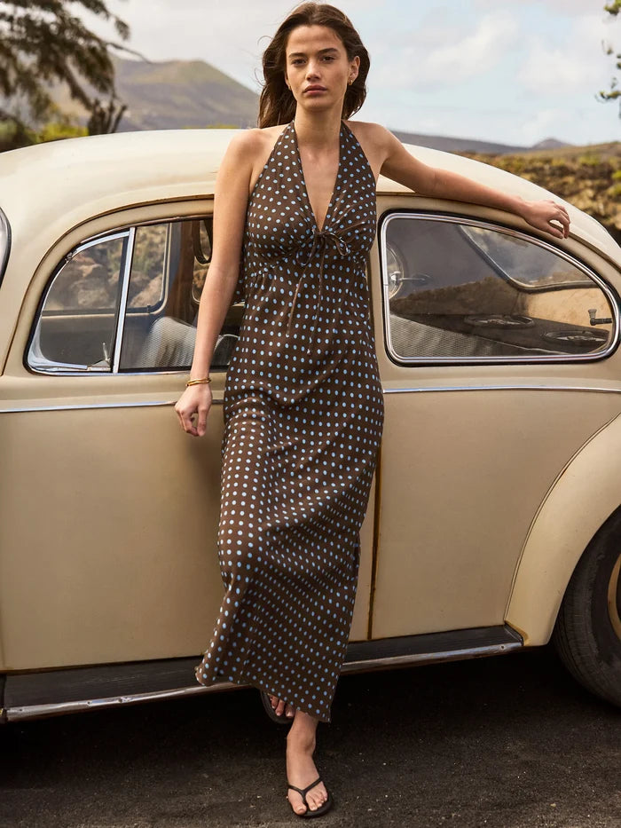 Brown And Blue Spot Print Halter Neck Dress