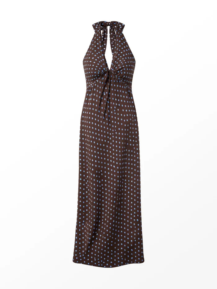 Brown And Blue Spot Print Halter Neck Dress