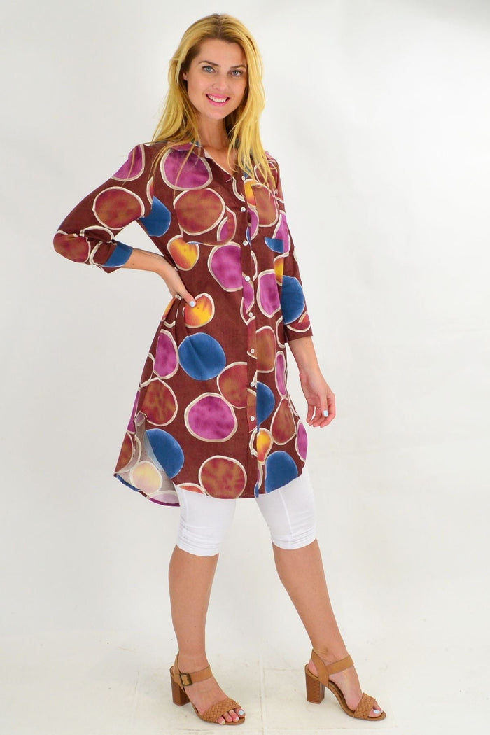 Brown colourful circles tunic shirt by Ruby Rain, featuring a relaxed fit with vibrant circular patterns on soft fabric.