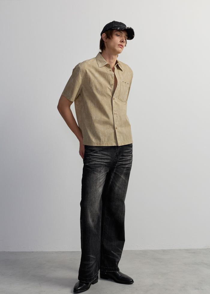 BROWN WASHED EMBROIDERY LOGO SHIRT