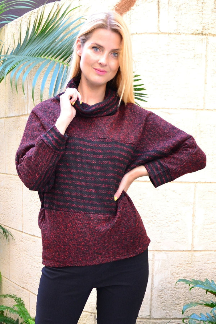 Burgundy batwing rolled neck stripe tunic jumper by I Love Tunics, featuring a relaxed fit and stylish striped pattern.