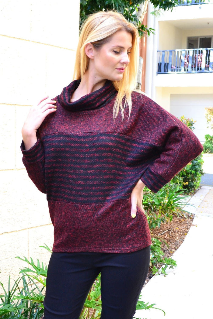 Burgundy batwing rolled neck stripe tunic jumper from I Love Tunics, featuring a relaxed fit, striped pattern, and rolled neckline.