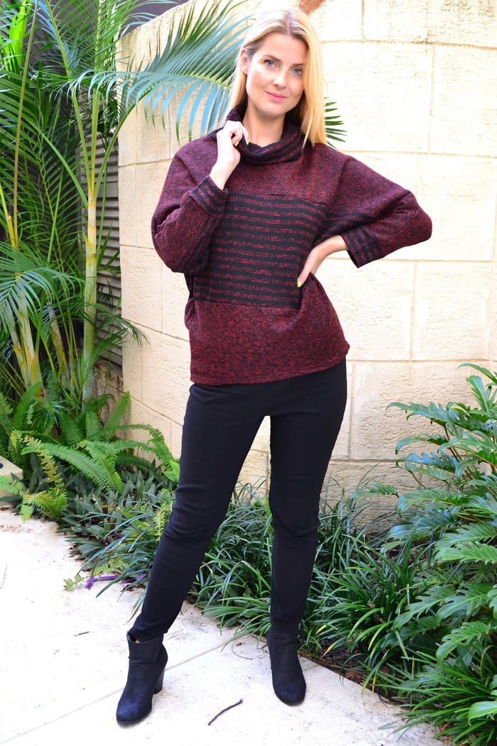 Burgundy batwing rolled neck stripe tunic jumper by I Love Tunics, featuring a relaxed fit with bold stripe pattern and rolled neckline.
