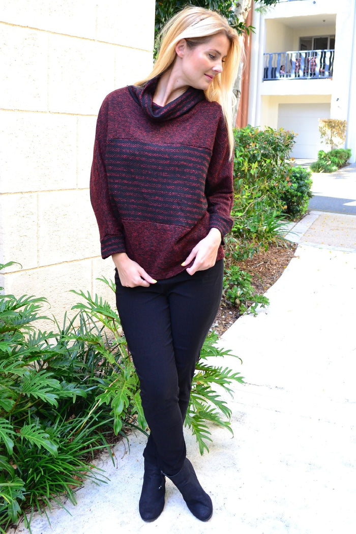 Burgundy batwing rolled neck stripe tunic jumper from I Love Tunics, featuring long sleeves and a relaxed fit.