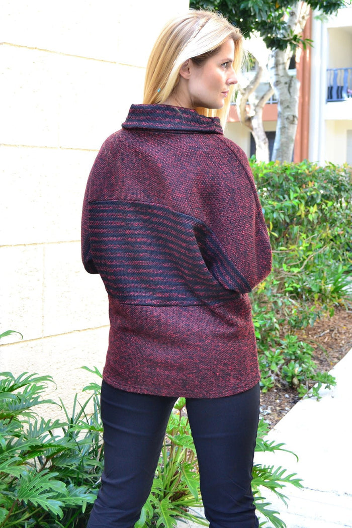 Burgundy batwing rolled neck stripe tunic jumper from I Love Tunics, featuring a relaxed fit and contrasting stripe details.