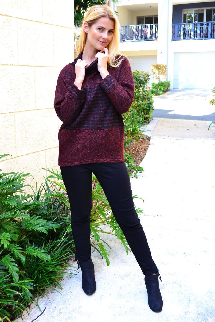 Burgundy batwing rolled neck stripe tunic jumper from I Love Tunics, featuring a relaxed fit and bold stripe pattern.
