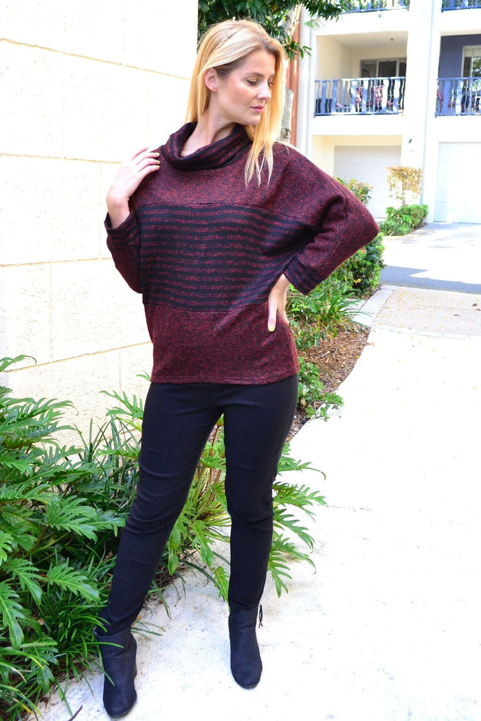 Burgundy batwing rolled neck stripe tunic jumper by I Love Tunics, featuring a relaxed fit and stylish striped pattern.