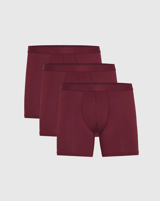 Burgundy Boxer Briefs 3-Pack neatly arranged, showcasing soft fabric and supportive design.