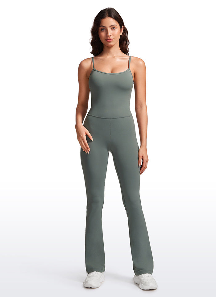 CRZ YOGA Women's Yoga Tight Fit Flare Jumpsuits Build-in Bra Bodysuits Grey Sage