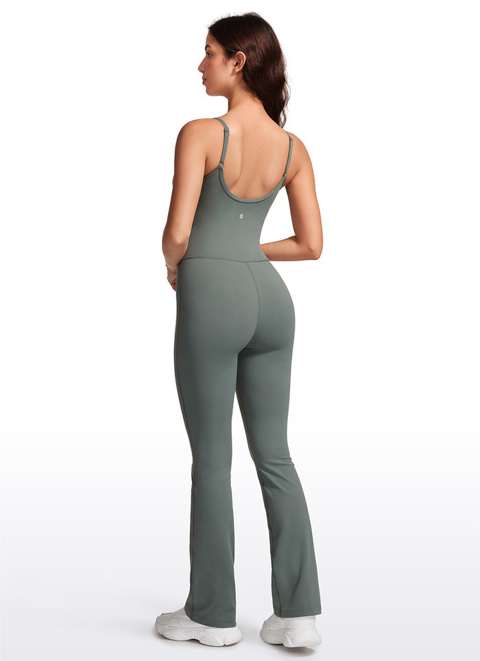 CRZ YOGA Women's Yoga Tight Fit Flare Jumpsuits Build-in Bra Bodysuits Grey Sage