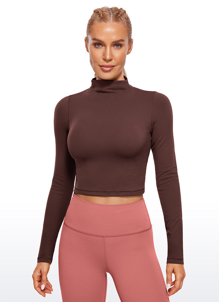 CRZ YOGA Women's Slim Fit Butterluxe Yoga Crop Long Sleeves Mock Turtleneck Taupe