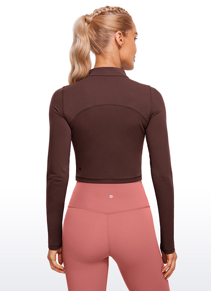 CRZ YOGA Women's Slim Fit Butterluxe Yoga Crop Long Sleeves Mock Turtleneck Taupe