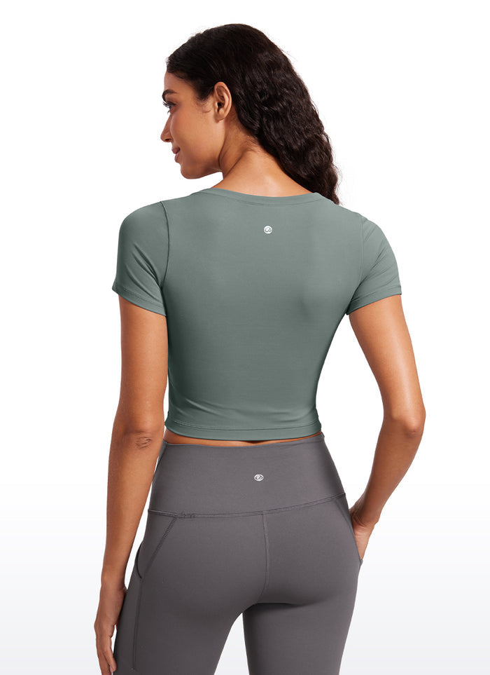 CRZYOGA Women's Slim Fit Scoop Neck Cropped Short Sleeves Grey Sage