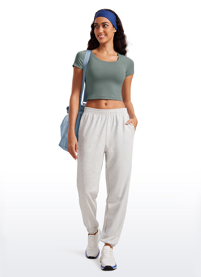 CRZYOGA Women's Slim Fit Scoop Neck Cropped Short Sleeves Grey Sage