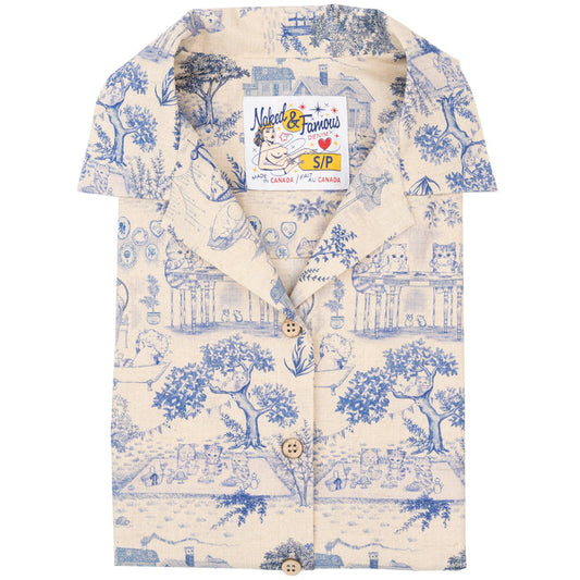 Camp Collar Shirt - Linen Cats - Blue by Naked & Famous Denim