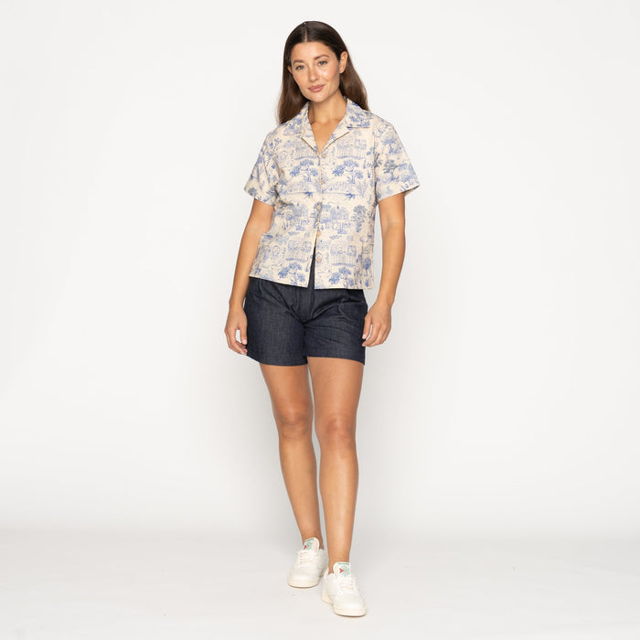 Camp Collar Shirt - Linen Cats - Blue by Naked & Famous Denim