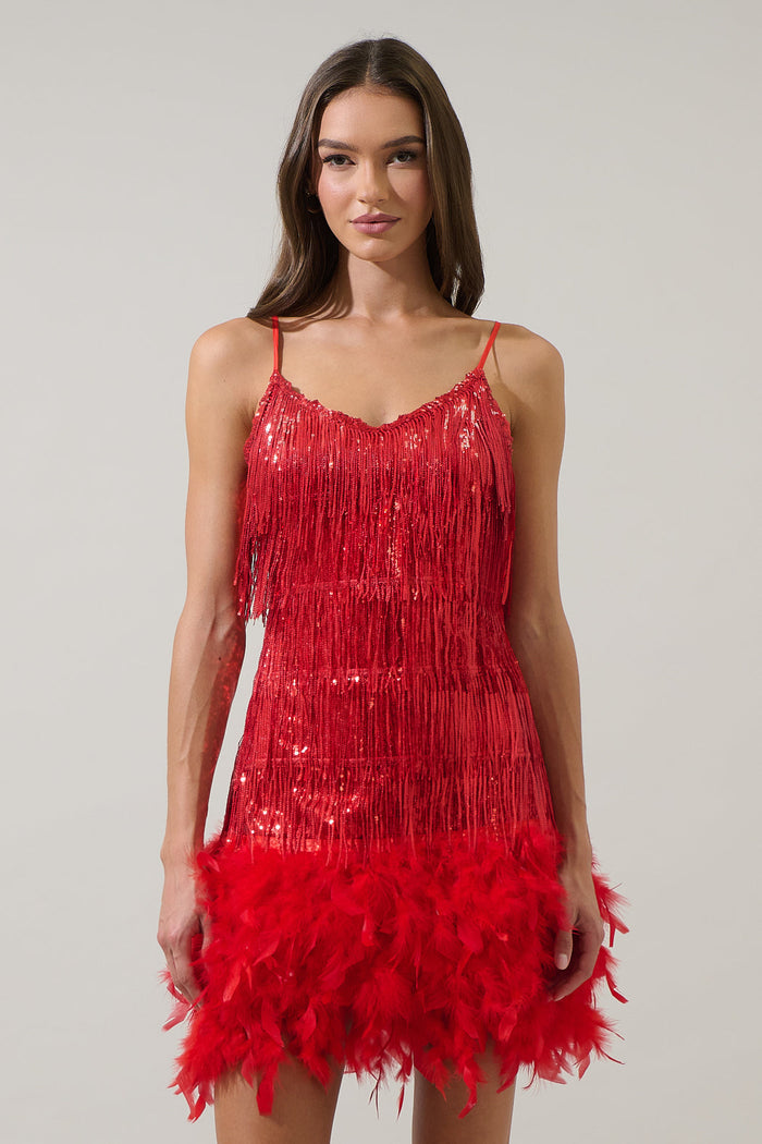 Camry Sequin Fringe Feather Mini Dress