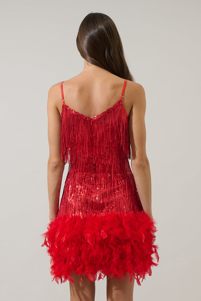 Camry Sequin Fringe Feather Mini Dress