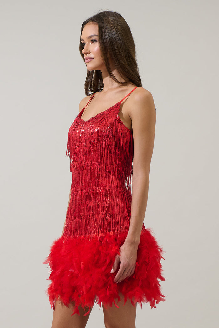 Camry Sequin Fringe Feather Mini Dress
