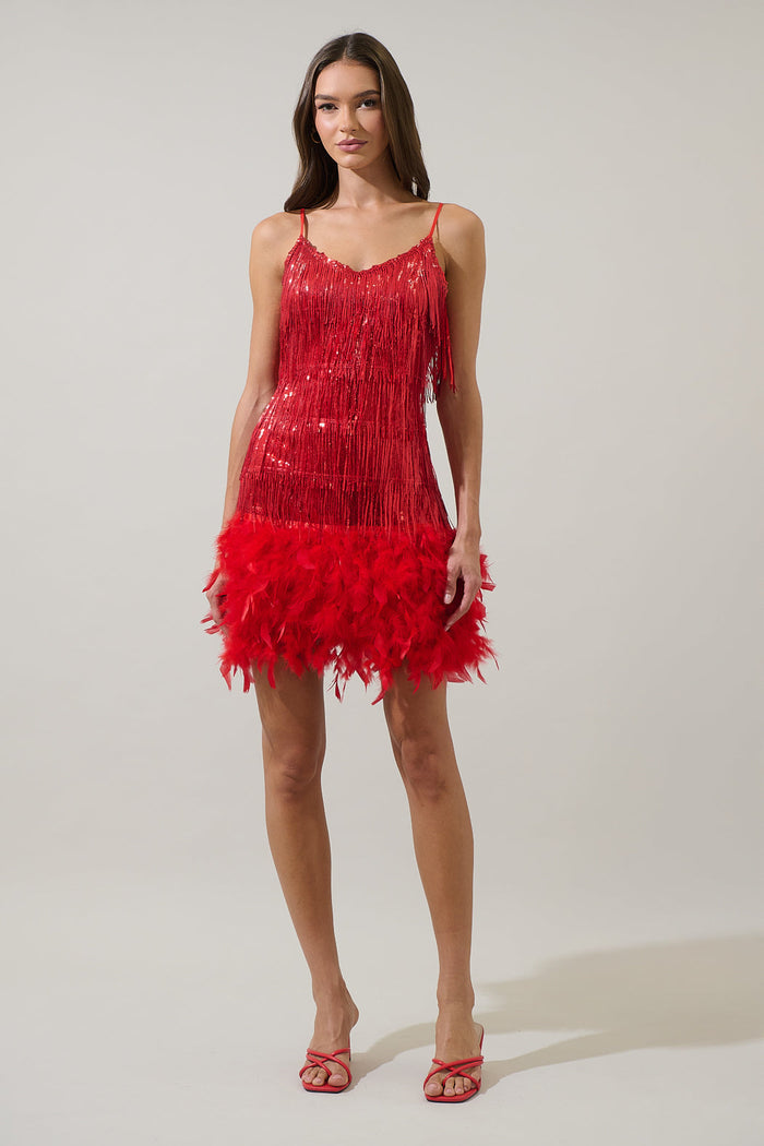 Camry Sequin Fringe Feather Mini Dress