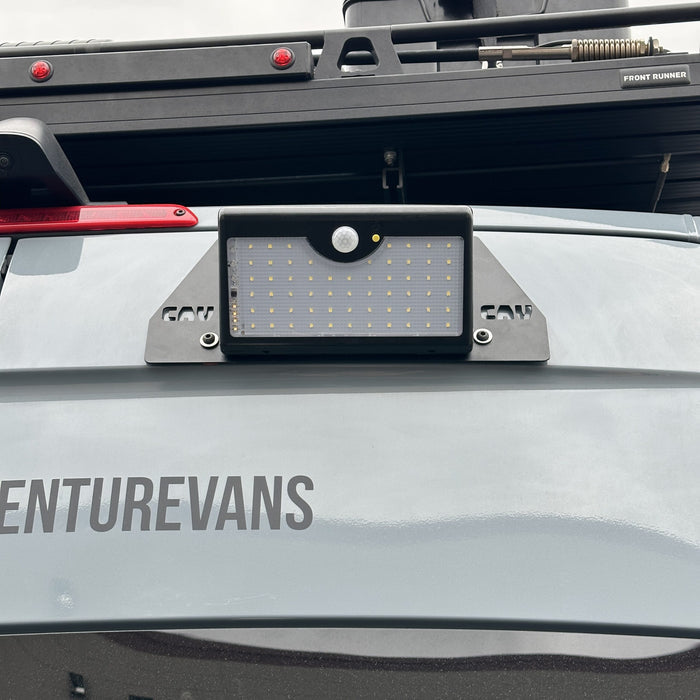 Canyon Motion Sensor Solar Light mounted on rear of a Revel van