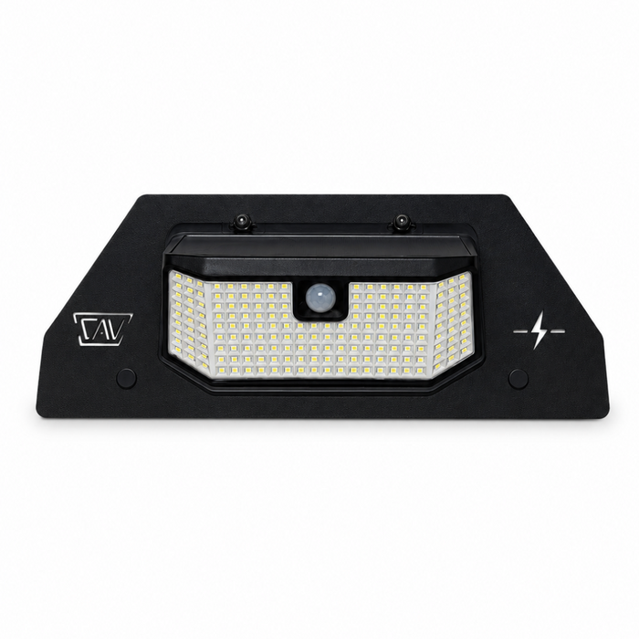 front view solar motion sensor light portable shows cav logo and lightning bolt