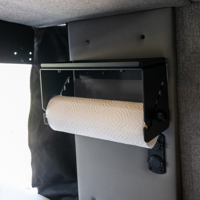 Canyon paper towel holder mounted inside a van under a cabinet