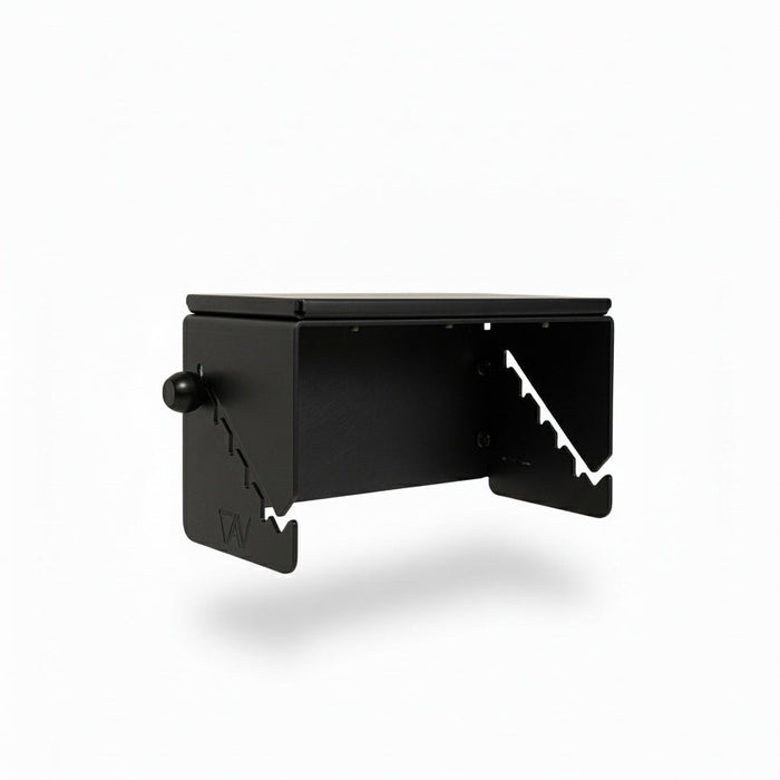 Canyon paper towel holder in black metal with adjustable side slots and minimalist design.