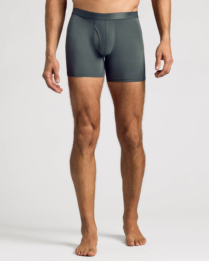 Carbon Boxer Briefs W/ Fly 12-Pack on a model, showcasing fit and design.