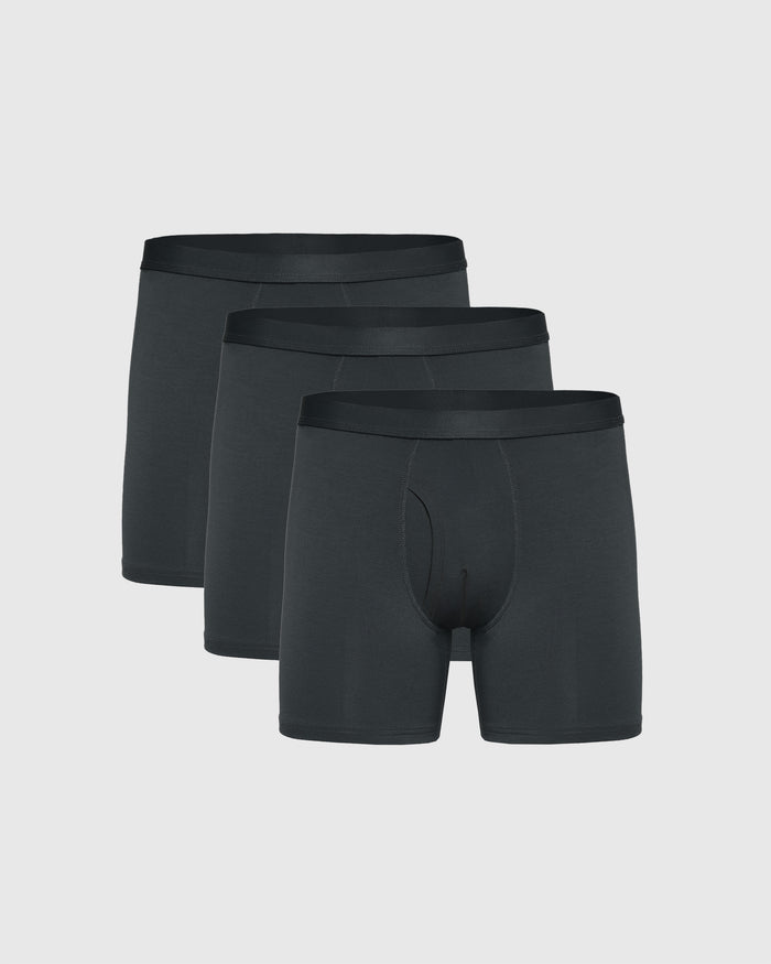 Carbon Boxer Briefs W/ Fly 3-Pack, black, arranged side-by-side.