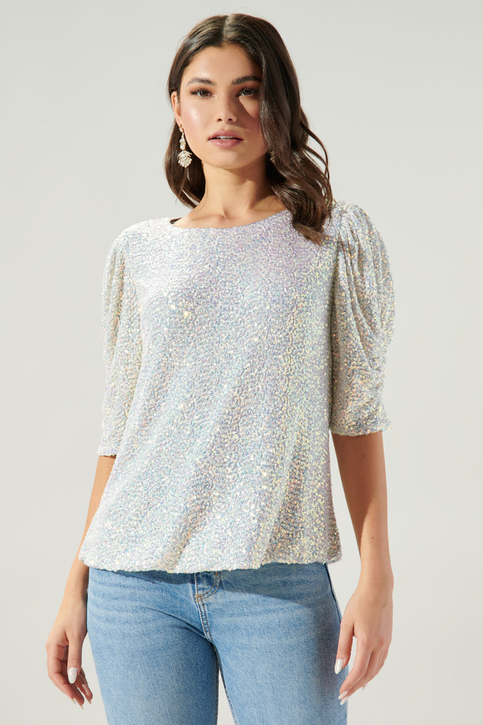 Carina Ruched Sleeve Sequin Top