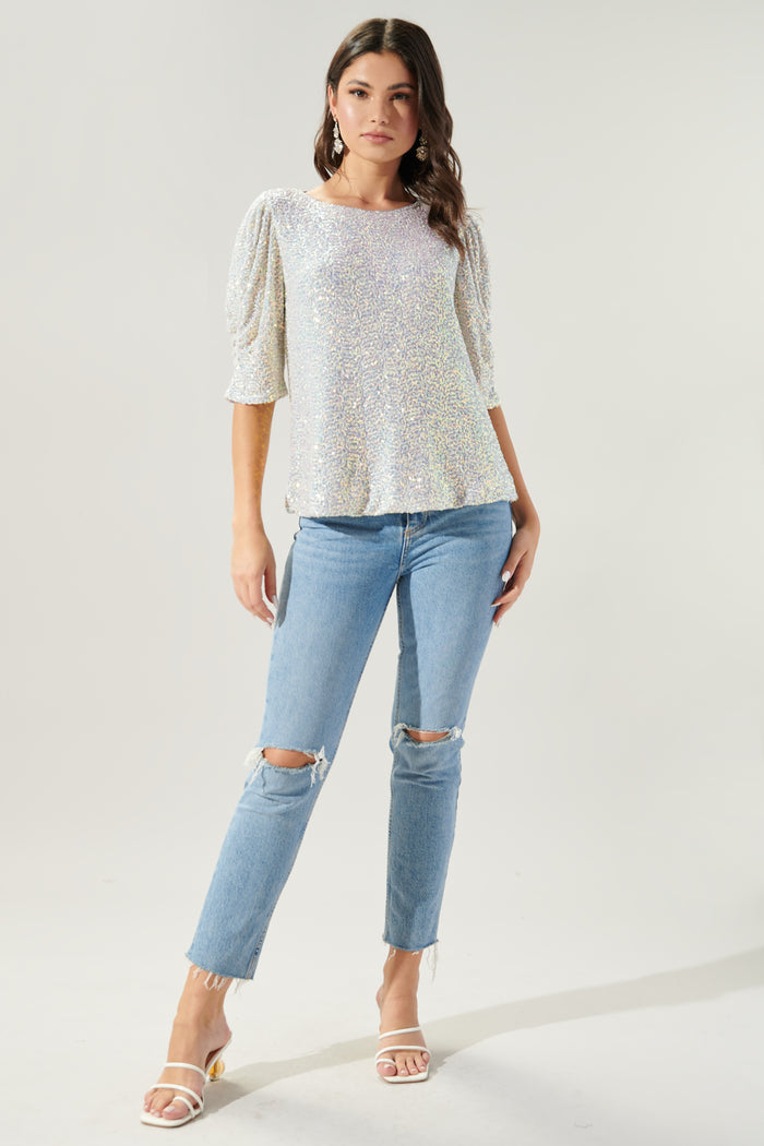 Carina Ruched Sleeve Sequin Top