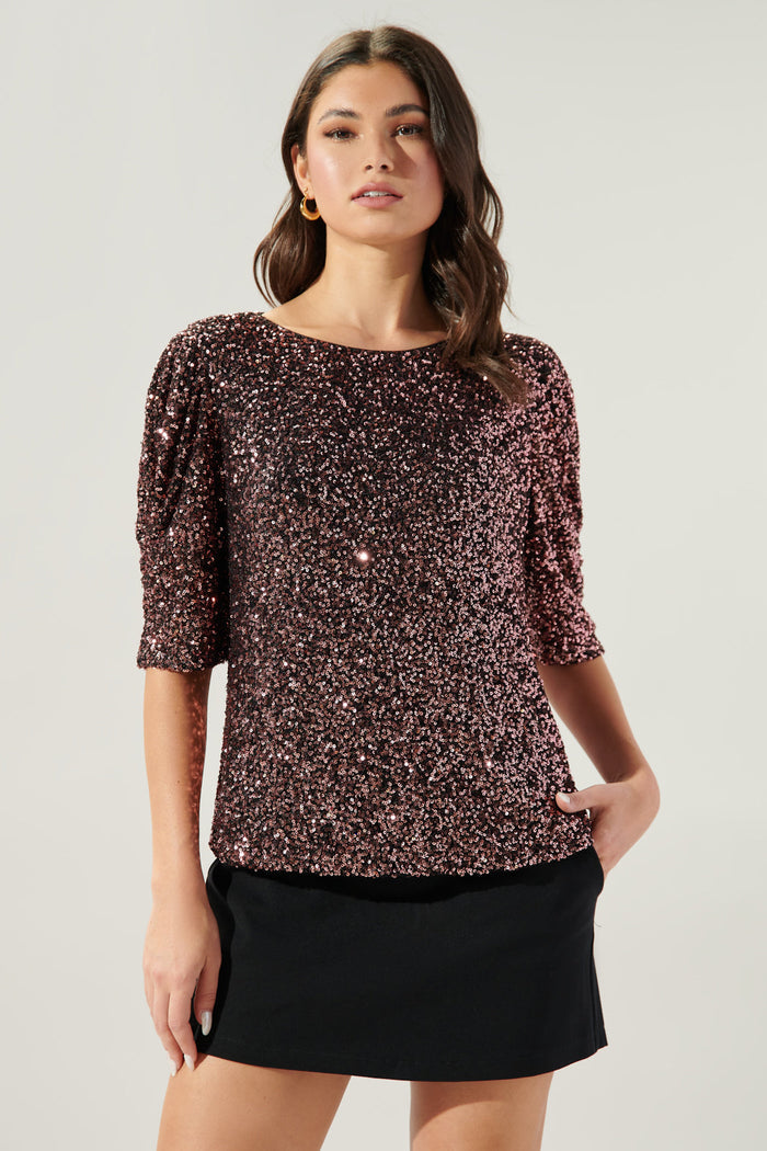Carina Ruched Sleeve Sequin Top