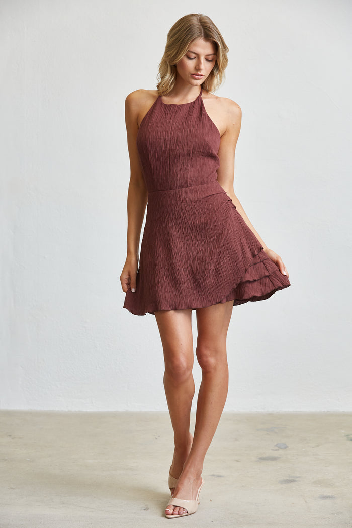 Cascade Midi Dress - Ruched A Line Textured Halter - Brick