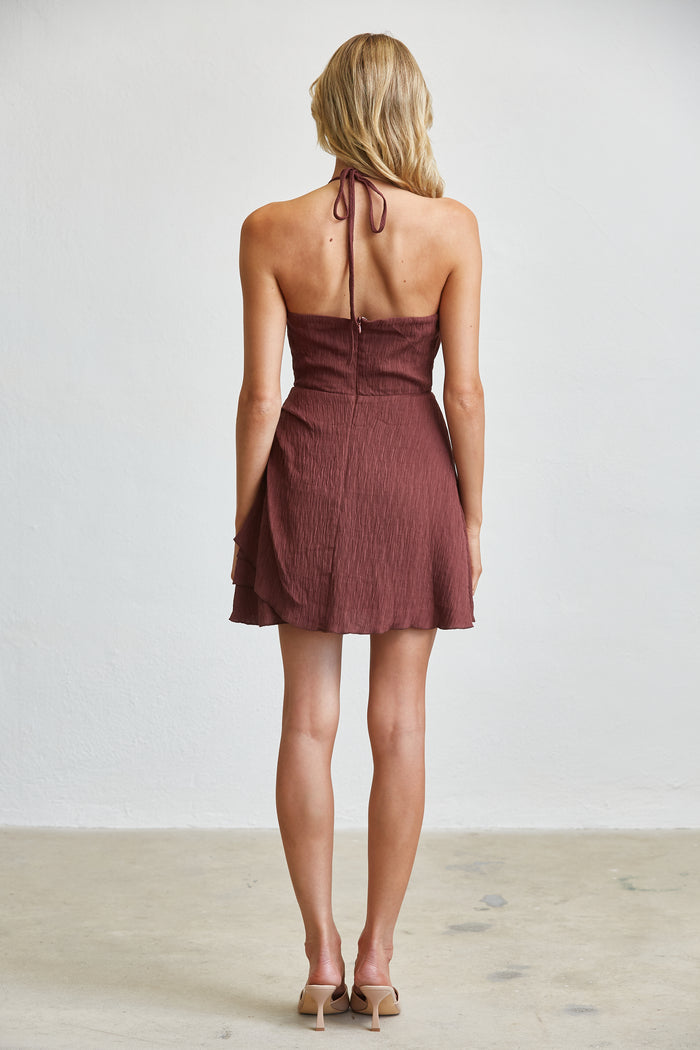 Cascade Midi Dress - Ruched A Line Textured Halter - Brick