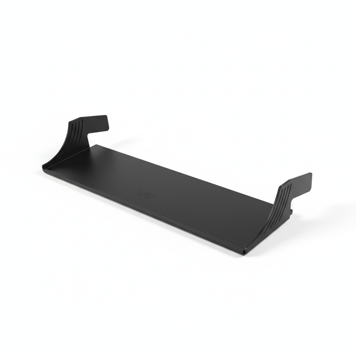 Black CAV D-ash Tray shelf with curved ends, designed to fit securely on a van dashboard.