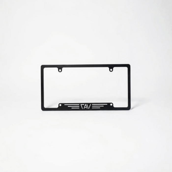 CAV license plate holder with minimalist black metal frame and CAV logo at the bottom center