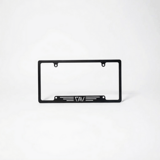 CAV license plate holder with minimalist black metal frame and CAV logo at the bottom center
