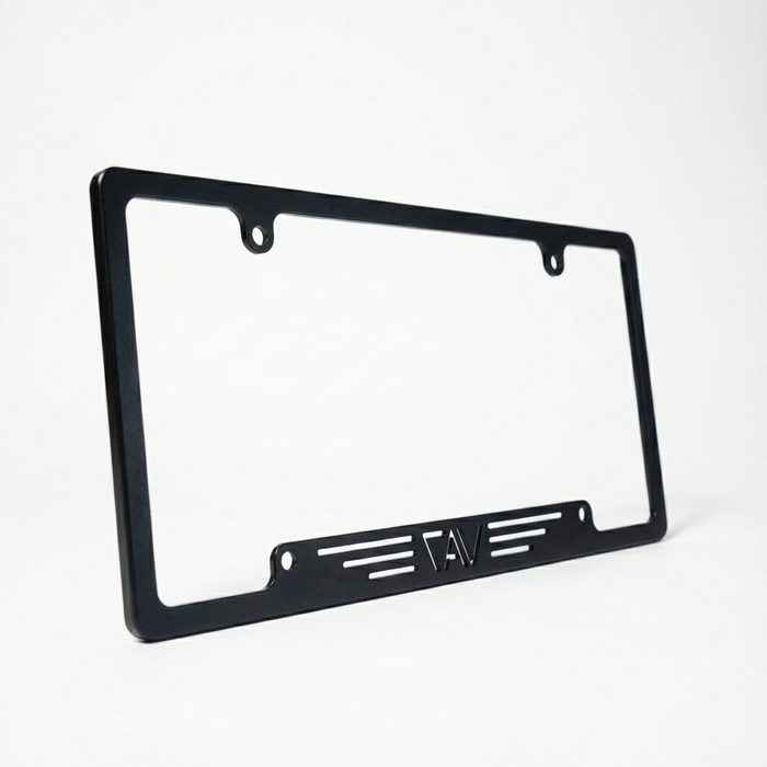 Black CAV license plate holder with logo, shown on white background