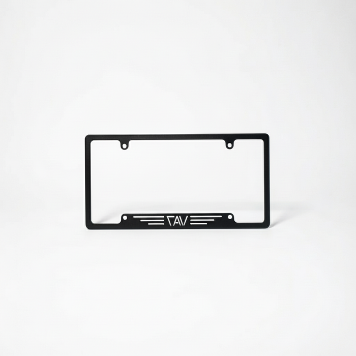 Black CAV license plate holder with minimalist logo design on white background