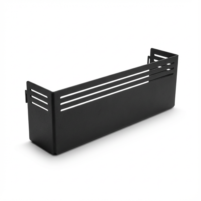 CAV MOLLE panel shelf in black metal with slotted sides, designed for van interior storage. 7 by 3 molle size