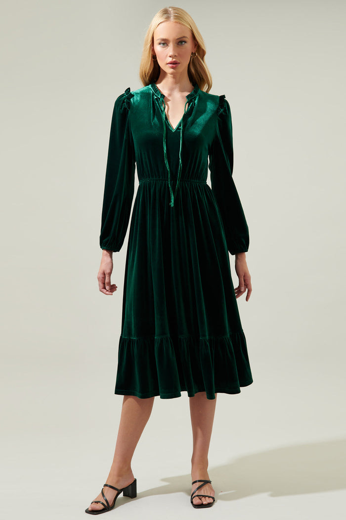 Charleston Ruffle Velvet Midi Dress