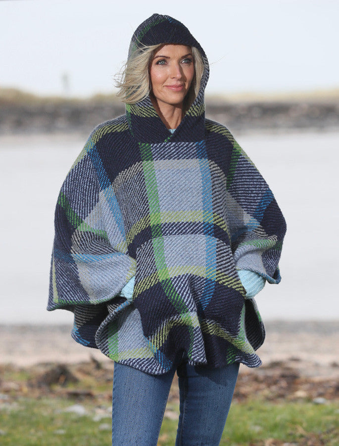 Cheryl Herringbone Hooded Poncho - Galway Blue #color_galway-blue